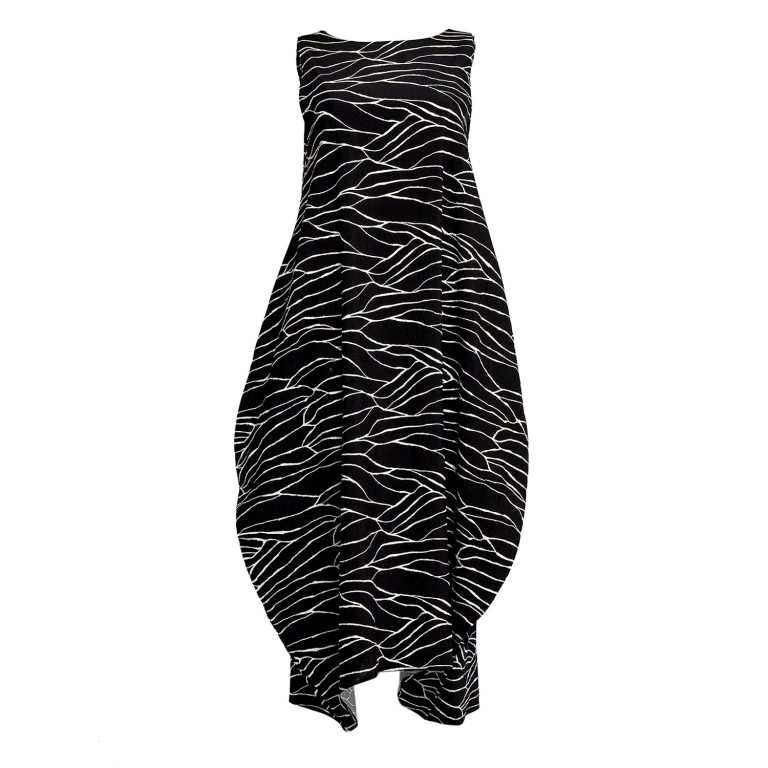 Semiballoon Dress in Black with Small White Print