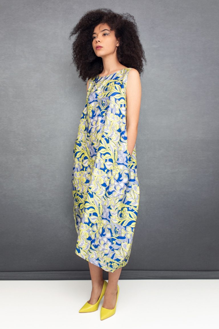 Semiballoon Dress in Blue and Yellow