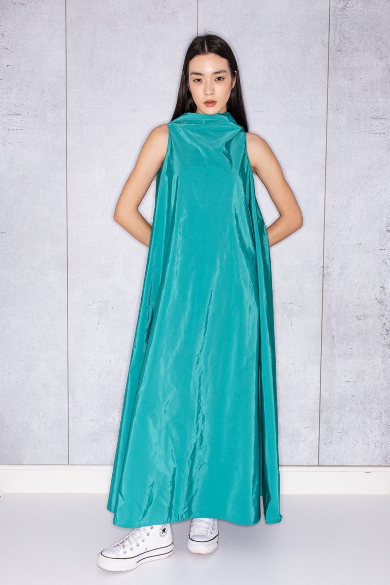 Bell Dress Long in Green Taffeta