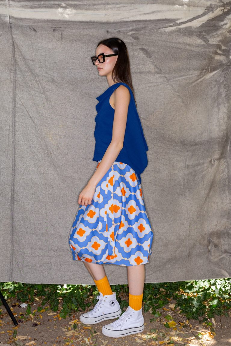 Wrapped Skirt in Blue and Orange Flowers