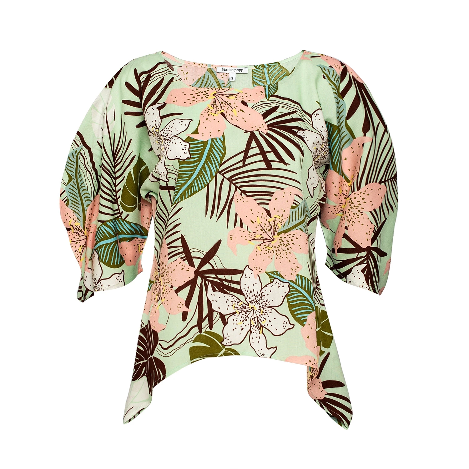 puff-blouse-with-flaps-in-mint-flowers Bluză Laura din viscoză vernil cu print - imagine 1