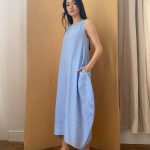 Semiballoon Dress in Blue Viscose with white stripes