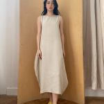 Semiballoon Dress in Beige Viscose with white stripes
