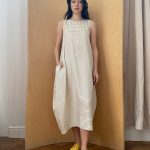 Semiballoon Dress in Beige Viscose with black stripes