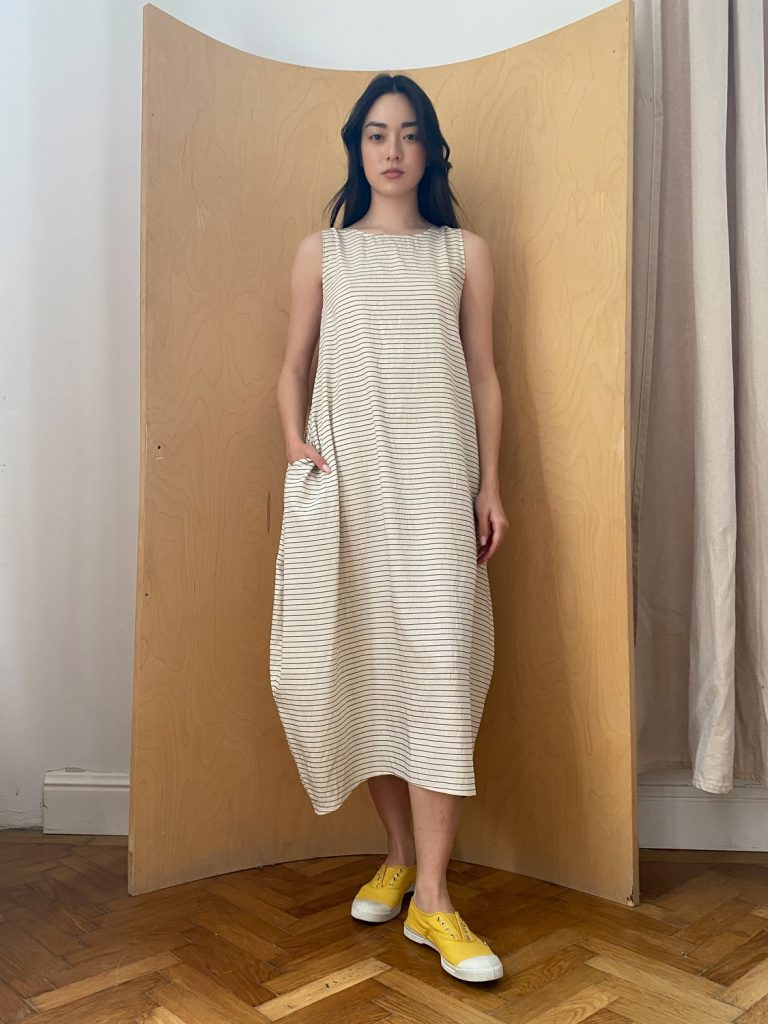 Semiballoon Dress in Beige Viscose with black stripes