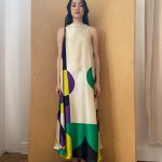 Bell Dress Long In Beige, Mauve and Green