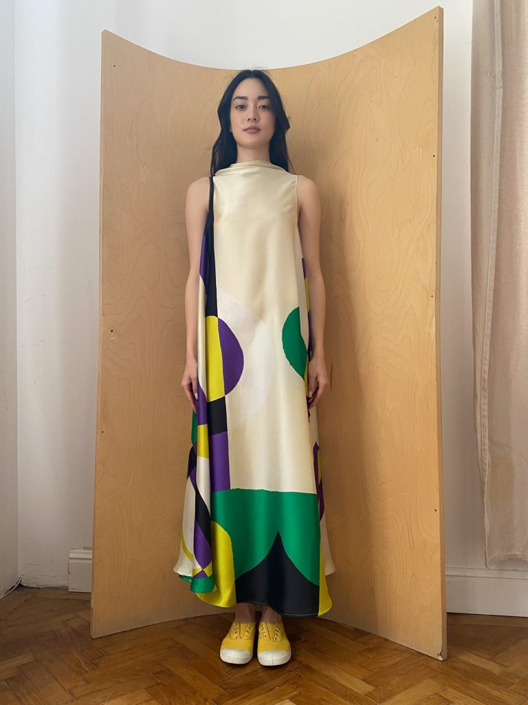 Bell Dress Long In Beige, Mauve and Green