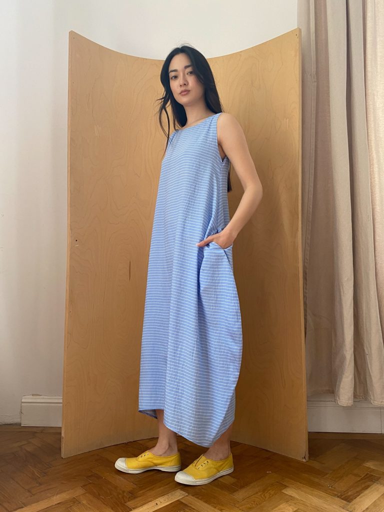 Semiballoon Dress in Blue Viscose with white stripes