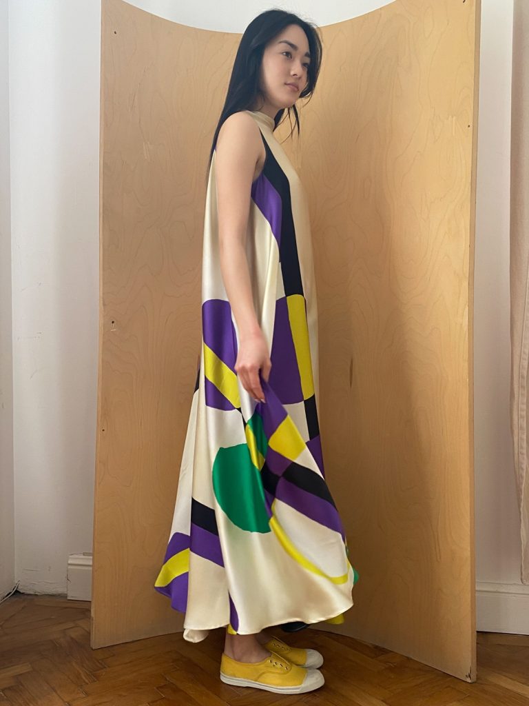 Bell Dress Long In Beige, Mauve and Green