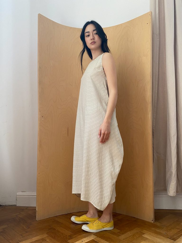 Semiballoon Dress in Beige Viscose with black stripes
