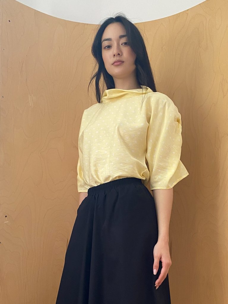 Puff Blouse with Collar in Yellow Dotted Viscose
