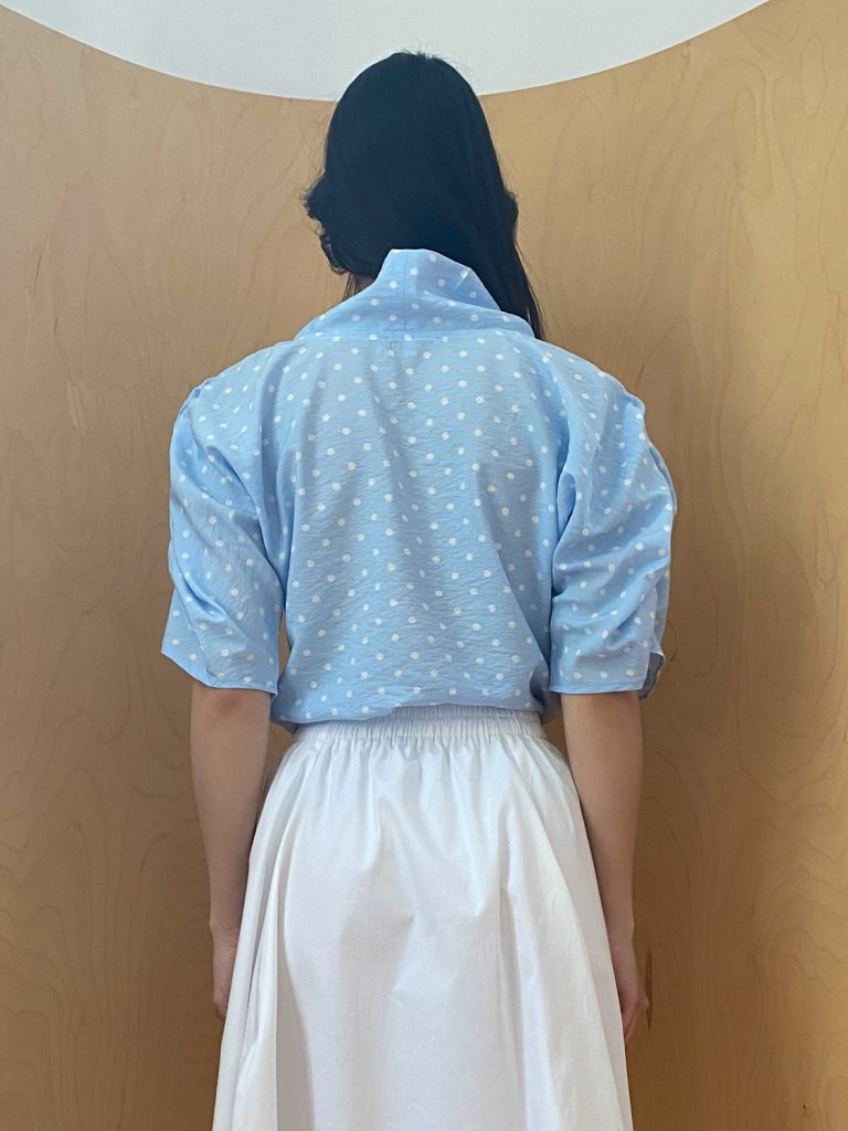Puff Blouse with Collar in Blue Dotted Viscose
