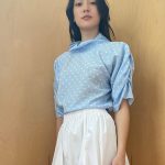 Puff Blouse with Collar in Blue Dotted Viscose