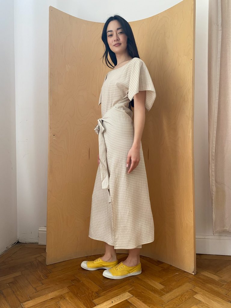 Everyday Beach Dress in Beige Viscose with white stripes