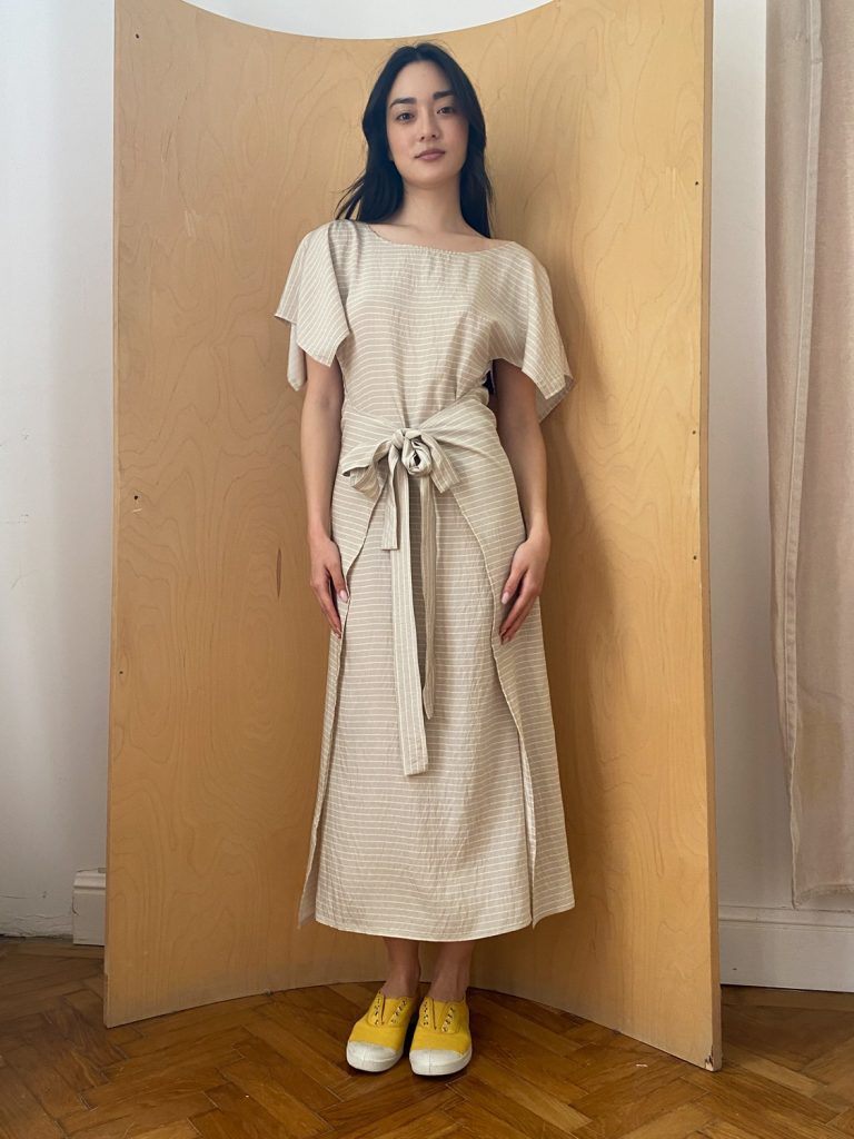 Everyday Beach Dress in Beige Viscose with white stripes
